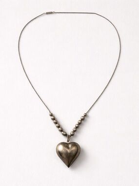 Vintage Sterling Silver Puffy Heart Pendant Necklace 19” Beaded Chain